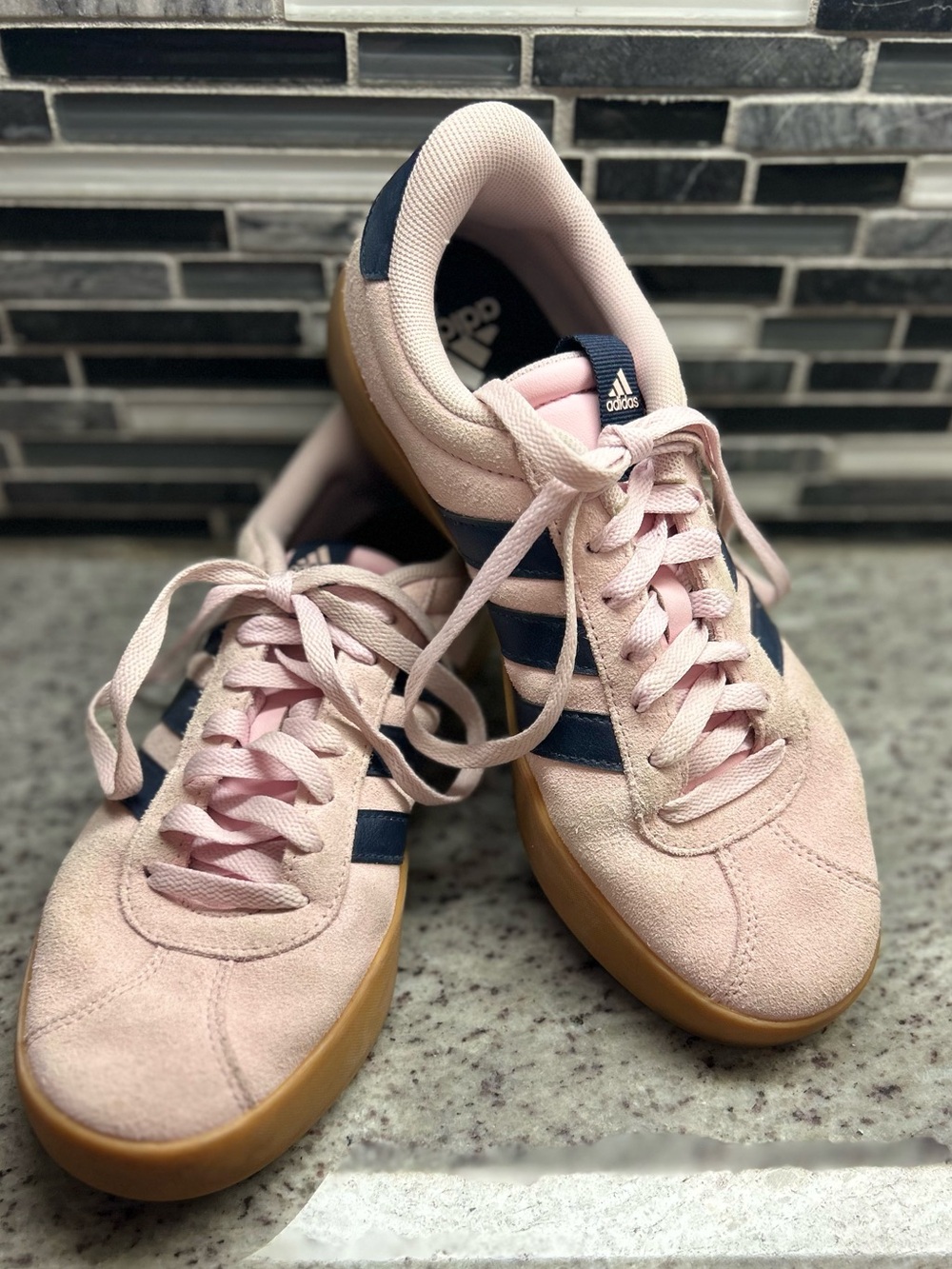 adidas Pink Suede VL Court 3.0 Sneakers with Navy Stripes and Gum Sole size 8